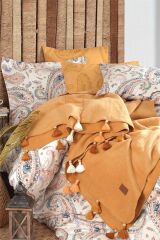 İyi Geceler Boho Chic Çift Kişilik Püsküllü Battaniyeli Nevresim Takımı Hardal Renk