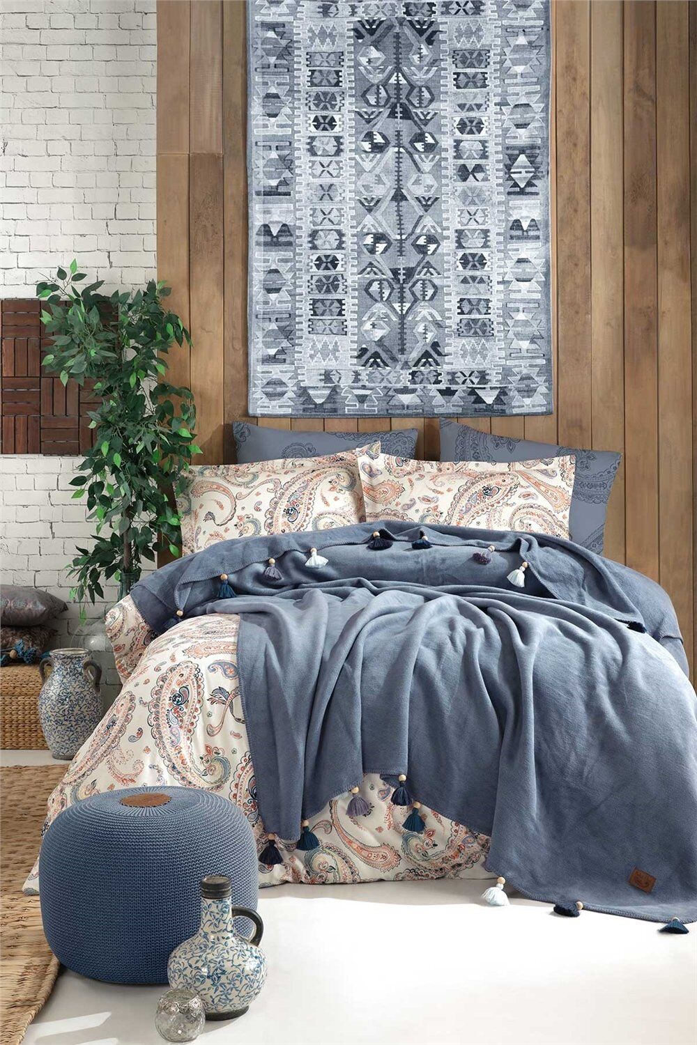 İYİ GECELER BOHO CHIC PÜSKÜLLÜ BATTANİYELİ NEVRESİM TAKIMI COBALT MAVİ ÇİFT KİŞİLİK