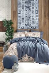 İyi Geceler Boho Chıc Çift Kişilik Püsküllü Battaniyeli Nevresim Takımı Cobalt Mavi