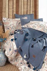 İYİ GECELER BOHO CHIC PÜSKÜLLÜ BATTANİYELİ NEVRESİM TAKIMI COBALT MAVİ ÇİFT KİŞİLİK