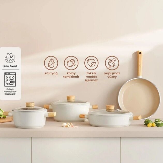 Emsan Swiss Crystal Bej Renk 7 Parça Tencere Seti BEJ