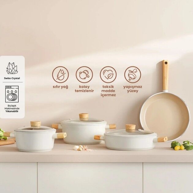 Emsan Swiss Crystal Bej Renk 7 Parça Tencere Seti BEJ
