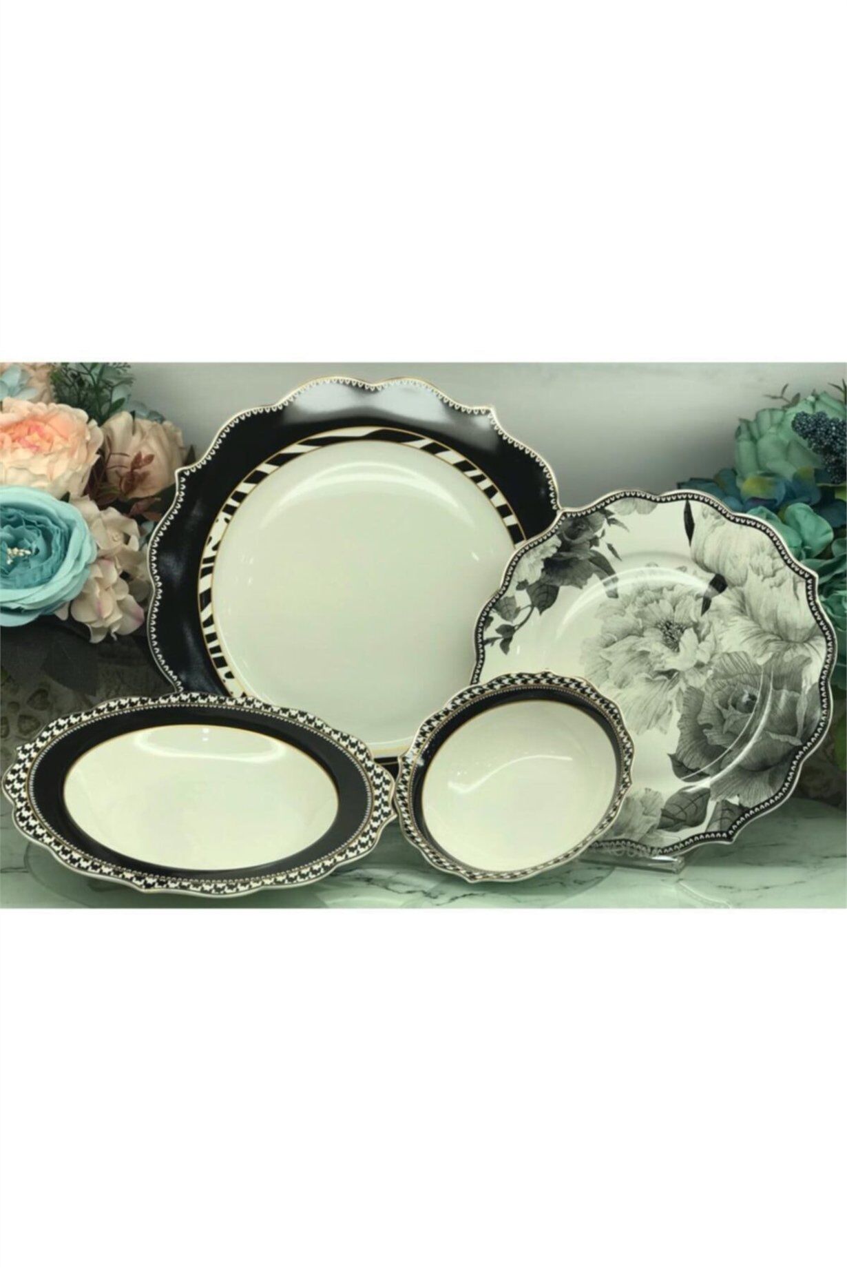 Arow Pink&More 24 Parça Siyah-Gri Çiçek Yemek Takımı